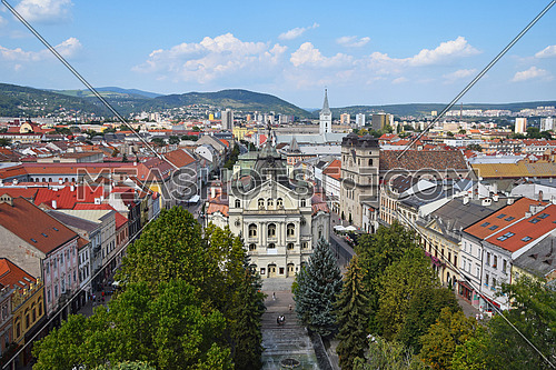 Panoramic city view of Kosice, Slovakia, with view of Hlavne Namestie (Main street and square), theatre and fountains in park, sunny day, high angle