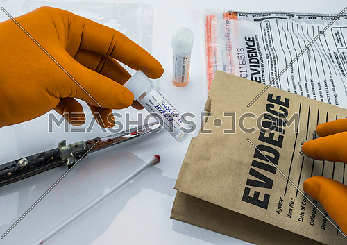 Crime scene for cutting weapon, Judicial police takes blood samples in evidence bag, conceptual image