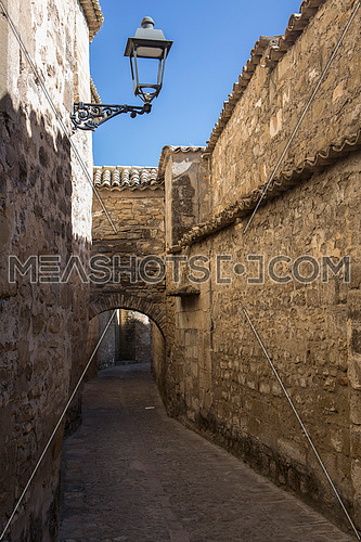 Medieval neighborhood in Baeza, alleyway with stone arch, Jaen province, Andalusia, Spain