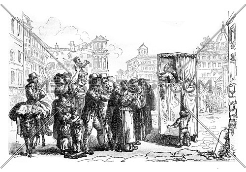 Puppets, vintage engraved illustration. Magasin Pittoresque 1877.
