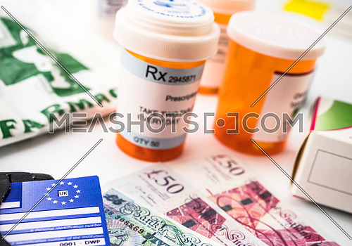 European health insurance card along with several capsules, concept of medical increase in the crisis of the brexit, conceptual image, horizontal composition