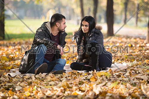 Happy Couple Sitting Together in the Woods During Autumn