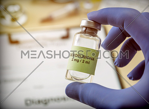 Doctor subject vial with doxorubicin, medication used for disease of leukemia linfatica acute, image...