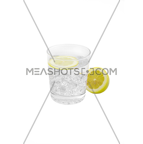 fresh lemonade drink with lemon slice closeup isolated on white