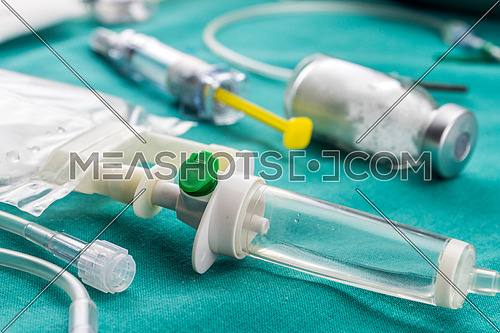 Detail of rubbers of a drip irrigation equipment in hospital operations table, conceptual image