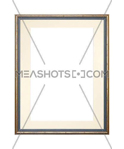 Vintage old wooden classic golden and grey painted vertical rectangular frame with beige cardboard mat (passe partout mount) for picture or photo, isolated on white background, close up