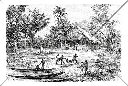 Natives Transporting a Wounded Olori Using a Stretcher in Oiapoque, Brazil, drawing by Riou from a photograph, vintage engraved illustration. Le Tour du Monde, Travel Journal, 1880
