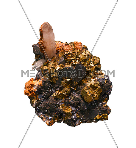 Close up auriferous rock, gold ore with crystals, isolated on white background