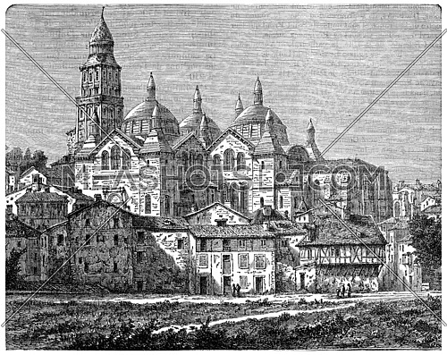 Church Saint-Front, Perigueux, vintage engraved illustration. Industrial encyclopedia E.-O. Lami - 1875.