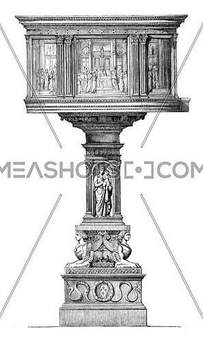 Preaching pulpit in the church cathedral of Pistoia, vintage engraved illustration. Magasin Pittoresque 1857.