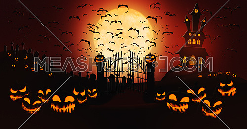 Halloween Pumpkins at Cemetery with Bats Flying Against Full Moon Sky with Haunted Mansion in the Background