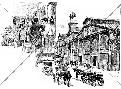 The central aisle, Market Hall, vintage engraved illustration. Paris - Auguste VITU â 1890.