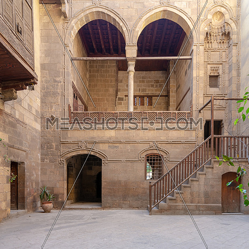 Facade of Zeinab Khatoun historic house, located near to Al-Azhar Mosque in Darb Al-Ahmar district, Old Cairo, Egypt