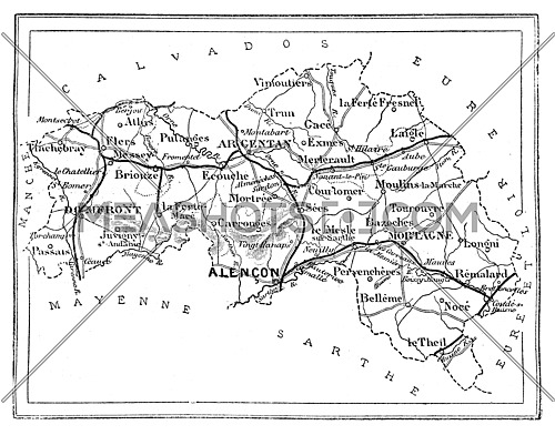 Map of the department of Orne, vintage engraved illustration. Journal des Voyage, Travel Journal, (1880-81).