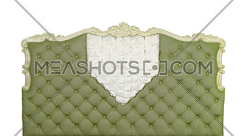 Pastel green colored soft tufted fabric capitone bed headboard of Chesterfield style sofa with carved wooden frame, isolated on white background, front view
