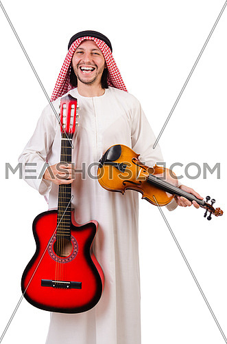 Arab musician with violin and guitar isolated on whit