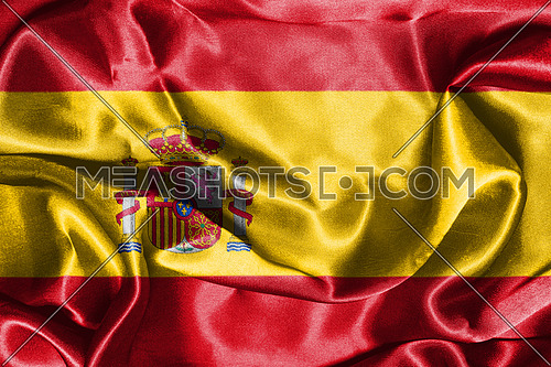 Spanish National Flag With Coat Of Arms Waving In The Wind 3D illustration