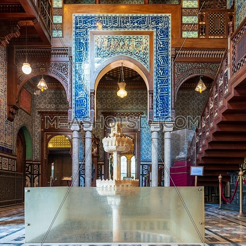 Manial Palace of Prince Mohammed Ali. Main hall of the residence building with Turkish floral blue pattern ceramic tiles and vintage furniture, Cairo, Egypt