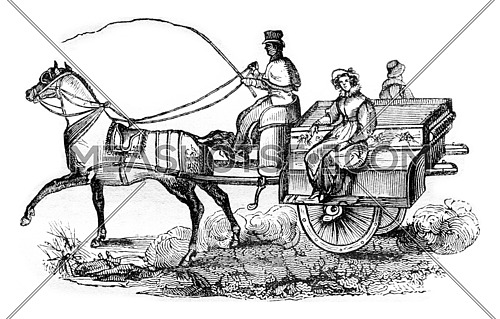 The Irish Omnibus, Jaunting car, vintage engraved illustration. Magasin Pittoresque 1836.