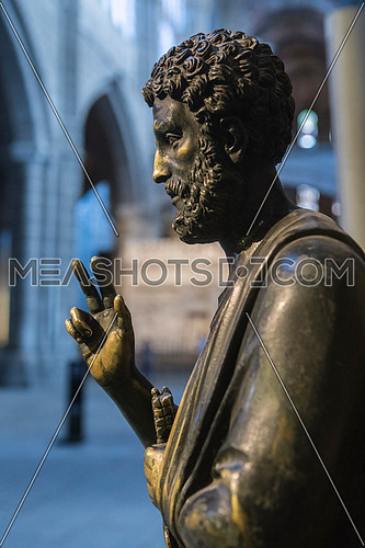 Avila, SPAIN - 10 august 2015: Sculpture in bronze of St. Peter enthroned, is distinguished by having key on left arm, unknown author, Cathedral of Ãvila, Spain