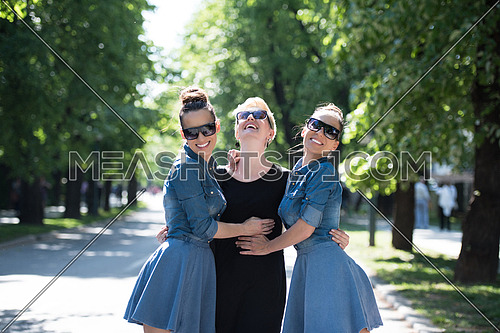 portrait of three young beautiful woman with sunglasses. twin sisters enjoy with a girlfriend in a sunny day in the park