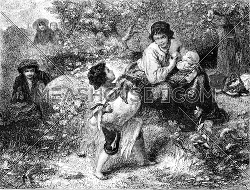 Painting Exhibition of 1857, The foragers, vintage engraved illustration. Magasin Pittoresque 1857.