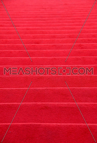 Close up red carpet covered stairs perspective ascending, low angle view