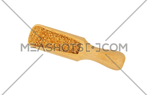 Close up one wooden scoop spoon full of raw brown cane sugar isolated on white background, elevated top view, directly above