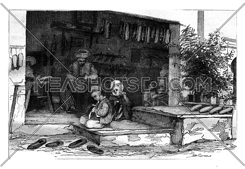 A shoemaker's shop in Constantine, vintage engraved illustration. Magasin Pittoresque 1878.
