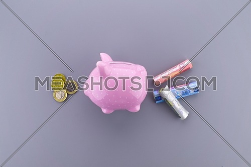 Wealth, investment or savings concept with piggy bank and Euro money with assorted banknotes and coins viewed top down on a wooden table with copyspace