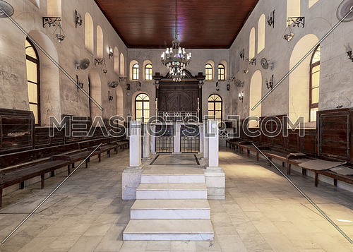 Interior view of historic Jewish Maimonides Synagogue or Rav Moshe Synagogue with altar, arched windows and chandelier in Gamalia district, Cairo Egypt