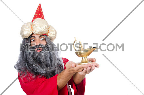 Old wizard with lamp isolated on white