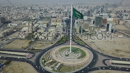Drone shot for the longest mast flag in the world Saudi Arabia flag at day