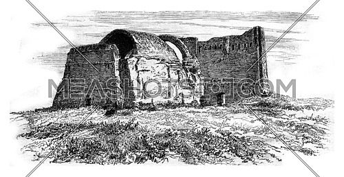 Ruins of the Palace of Parviz Khosrau or Taq Kasra at Ctesiphon near Baghdad side view, vintage engraved illustration. Magasin Pittoresque 1876.