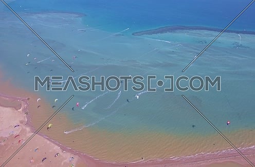 Drone shot flying over  Al Gouna beach for Kite Surfing area  at Day 