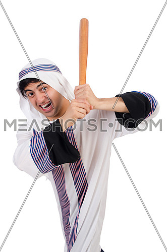 Arab man hitting with baseball bat isolated on white