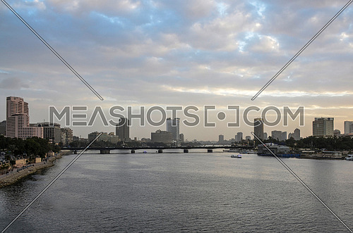 Panorama Shot for The Nile in central Cairo showing Kasr Al nile bridge a day in 30 january 2018