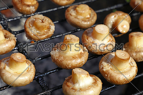 White champignon common mushrooms cooked on char grill, close up, high angle view