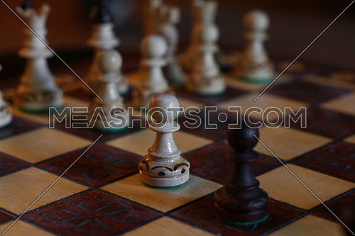 Close up black and white chess pieces on wooden board, low angle view