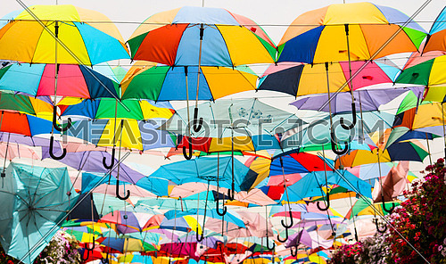 A ceiling of colorful umbrellas