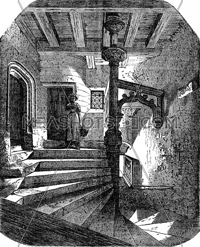 Stairs to the Psalette in Nantes, vintage engraved illustration. Industrial encyclopedia E.-O. Lami - 1875.