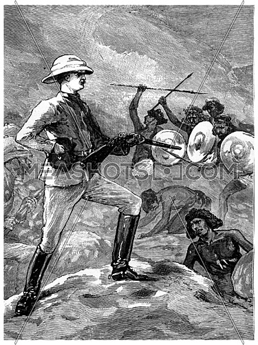 Colonel Burnaby at the Second Battle of teb, vintage engraved illustration. Journal des Voyages, Travel Journal, (1880-81).