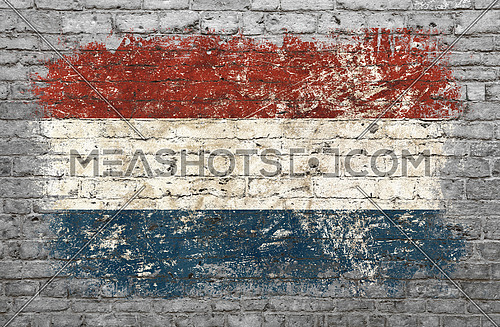Grunge distressed flag of Netherlands painted on old weathered grey brick wall