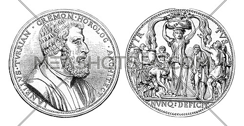 Juanelo turriano. Medal struck in 1559 in Cremona, vintage engraved illustration. Magasin Pittoresque 1880.