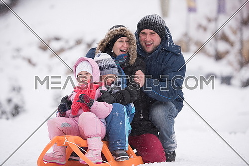 happy young family portrait on winter vacation while sitting sledge at  landscape with fresh falling snow