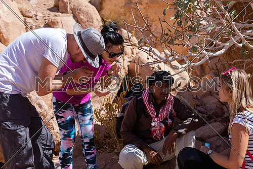 mid shot for female tourist get rest in the shade besides Almond tree with bedouin guide to explore Sinai Mountain for wadi Freij at day.