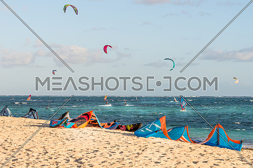 The group of kitesurfing on the beach at Mauritius Island.