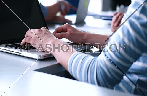 Business people using technology in modern office building