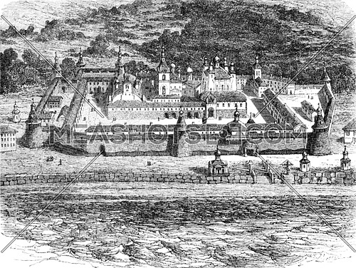 The Solovetsky monastery seen in a straight line, vintage engraved illustration. Le Tour du Monde, Travel Journal, (1865).