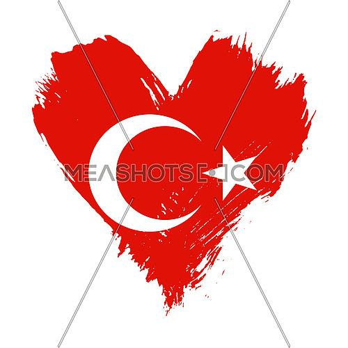 Grunge brushstroke painted illustration of heart shaped distressed Turkish flag isolated on white background
